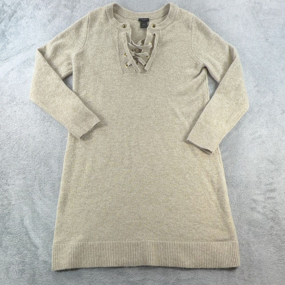 ANN TAYLOR Sweater Dress Wool Blend Womens L Beige Knit Long Sleeve Lace-up